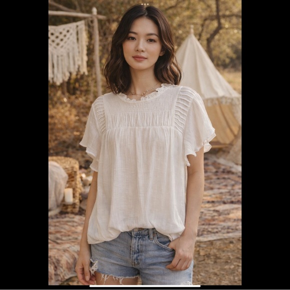 Nanette Lepore White Boho Blouse Smocked Yoke Ruffle Sleeve Top - Picture 4 of 16